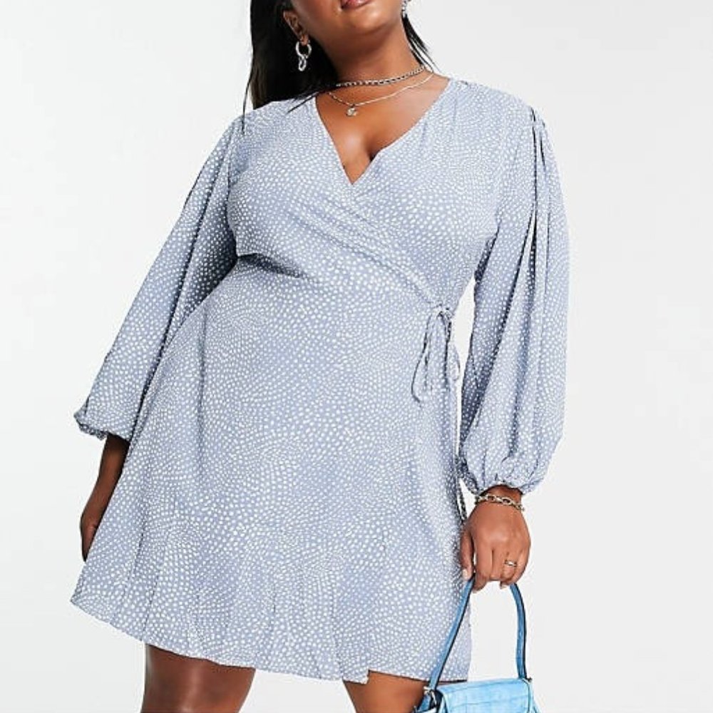 Glamorous Puff Sleeve Wrap dress in Blue Dot Print ASOS